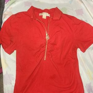 Michael Kors Vibrant Red Short Sleeve Tee with Gold Zipper